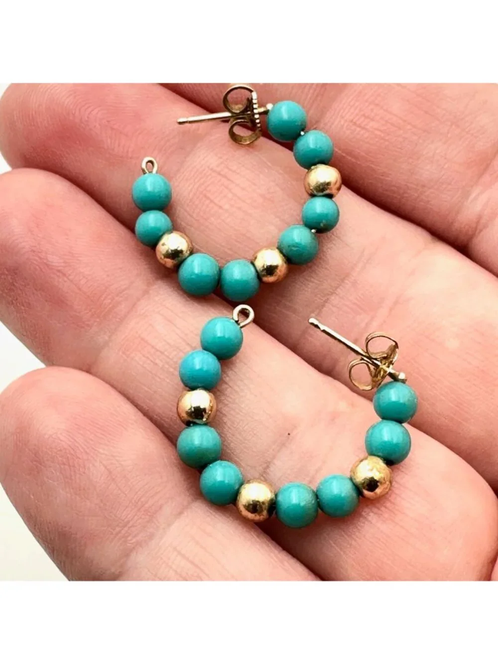 14K Yellow Gold Earrings 1 Inch Turquoise Hoops Pierced